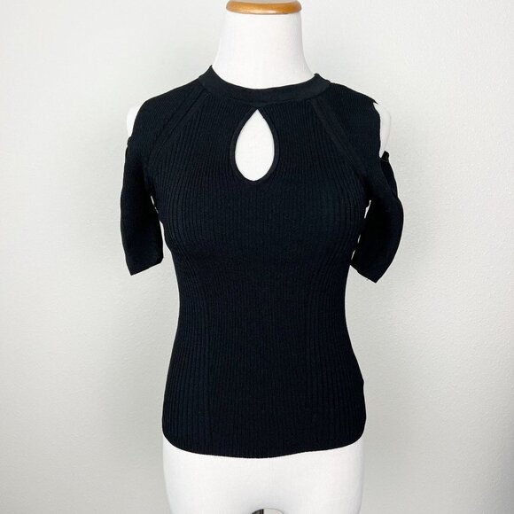 Bebe Black Keyhole Cutout Cold Shoulder Ribbed Knit Top Womens XS - Picture 1 of 7